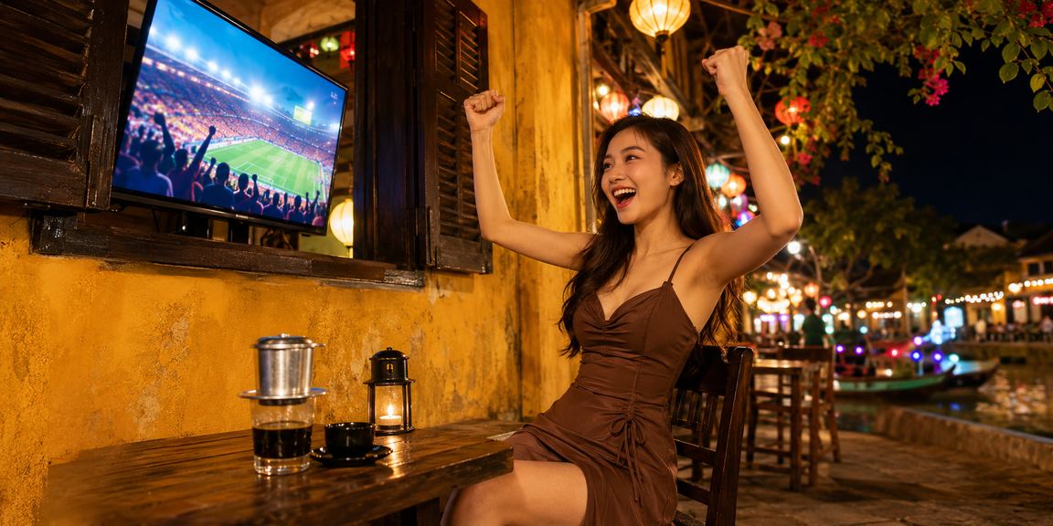 Khách du lịch Hội An thưởng thức cà phê và kiểm tra điểm VIP trên điện thoại